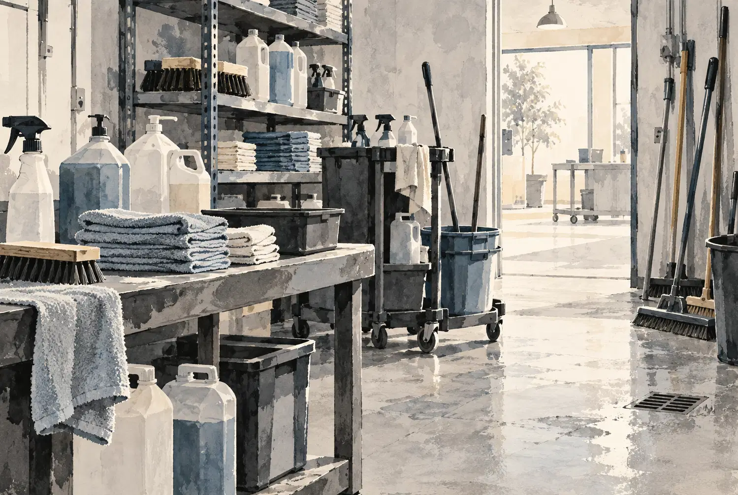 Illustration of cleaning businesses and their working space